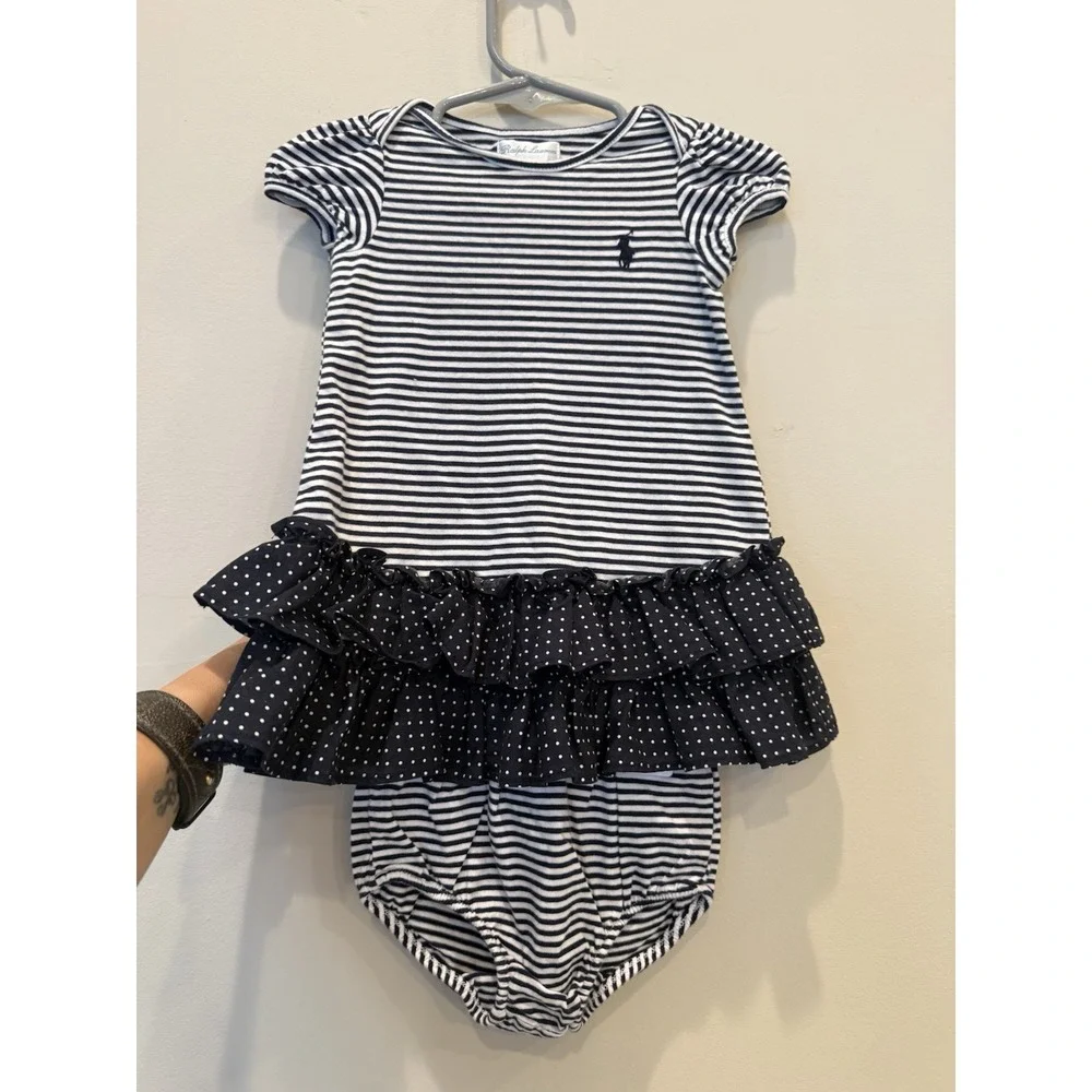 Ralph Lauren Toddler Girls striped‎ ruffled dress w/matching bloomers Size 6M